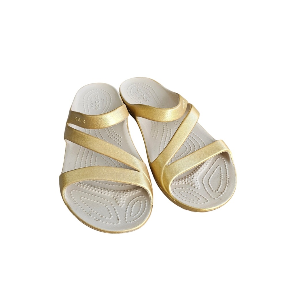 Crocs Kadee II Sandal Womans 9 Gold Metallic Strappy Slide Comfort Summer Casual